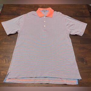 Alan Flusser Golf Blue/Orange Stripe Pearl Washed Cotton Polo Shirt Men’s Size M